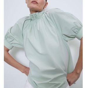 Zara Green Poplin Top with High Neck Faux Pearls XS